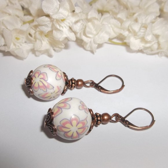 Cream and Copper Earrings Flower Boho Style Dangle Gift Idea for Her Big 6706 - Picture 4 of 6